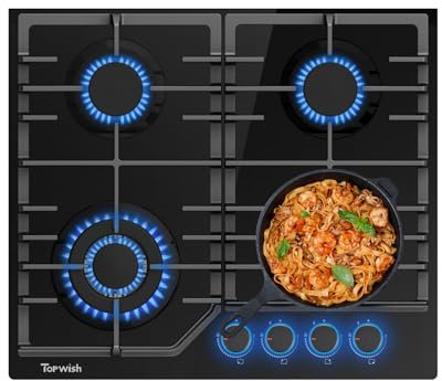 TOPWISH piano cottura gas incasso, piano cottura 4 fuochi gas, con Blu manopole illuminate, NG/LPG convertibile, protezione flame-out, accensione elettronica, 8000 Watt