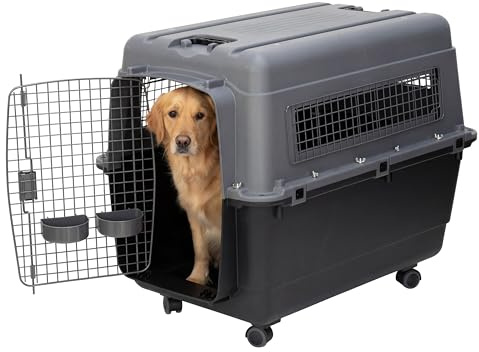 SportPet Airline Compliant X-LARGE 35.5 Travel Dog Kennel-Durable Plastic Airline Pet Carrier w/Removable Wheels & Food Bowls, Collapsible Indoor/Outdoor Dog Kennel, Dogs up to 32L & 23H-Dark Gray