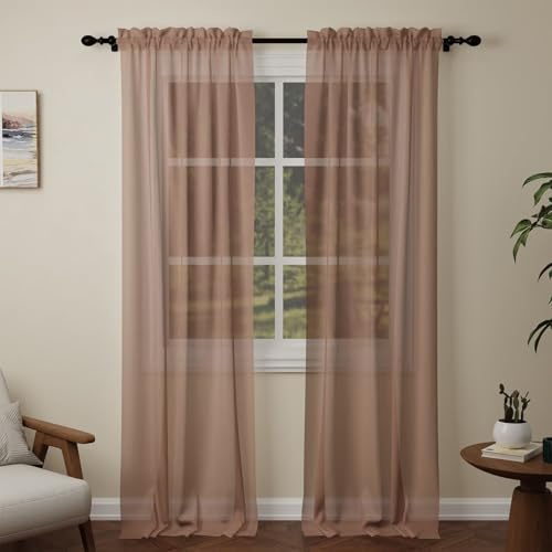 Pacok Mocha Voile Curtains, 108 Drop 2 Panels Net Curtain for Windows, Rod Pocket Sheer Curtain Panel Voile Curtains for Living Room Kitcken Bedroom W56xL108 Inch(Mocha, 142 x 274cm)