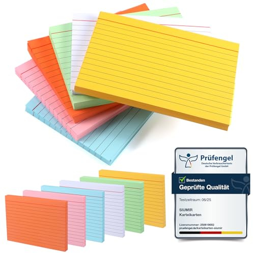 Siumir 300-pack 150 g/m² indexkort, dubbelsidigt tryck, A6-flashcards, med kraftskydd och lösa bladring, sex färger fodrade indexkort, lämpliga för kontor och hem och skolor (14,8 x 10,5 cm)