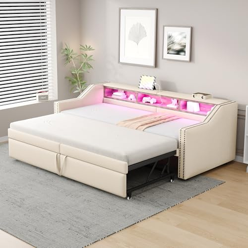 Merax Sofá cama extensible 90/180 x 200 cm, multifuncional, con luz LED y conector USB, con somier, color beige (sin colchón)