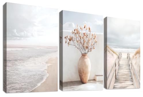 3 Pcs Wooden Framed Canvas Wall Art Path to the Sea Beach Canvas Prints Boho Beige Seascape Painting Ocean Coastal Scenery Pictures for Living Room Bedroom Bathroom Hallway Wall Decor 50x70 cm x3pcs