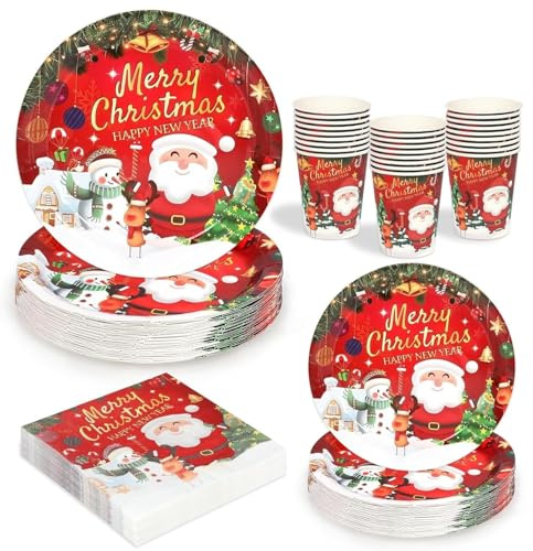 LATERN 100 Pezzi Stoviglie di Carta per Feste Natalizie, 25 x 9 Pollici Piatti Piani, 25 x 7 Pollici Piatti da Insalata, 25 x 270ml Tazze, 25 x 16CM Tovaglioli - per Natale Festività Feste Decorazioni
