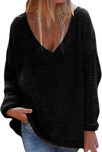 Pull Femme Cachemire Pull Oversize Femme Chic Féminine Col en V Lâche Couleur Unie Manches Longues Hauts Vêtements Automne Polaire Hiver Black L