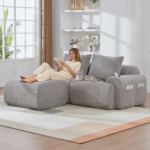 Yihomfy Canapé Modulaire avec Tabouret 2 Places, Canapé Modulaire d'angle en Velours Côtelé, avec Porte-Gobelet et Poches Latérales, Configuration Libre, pour Salon