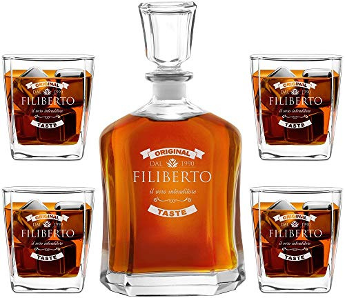 Maverton Set Decanter per Whisky in vetro - da 700 ml - incisione personalizzata - Caraffa + 4/6 bicchieri - idea regalo per il compleanno per l’ uomo - Original taste