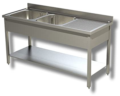 Ristoattrezzature Lavello in Acciaio Inox - Professionale, per Cucine Ristoranti e Pizzerie - 2 Vasche, Gocciolatorio a Dx - 140x70x85h