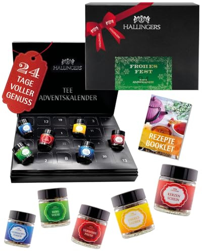 Hallingers Genuss Manufaktur Tee Adventskalender – 24 Premium Teesorten im Glas, Kräutertee Früchtetee Schwarztee Grüntee, Tee Geschenk für Frauen Männer Teeliebhaber, Weihnachtskalender 2025