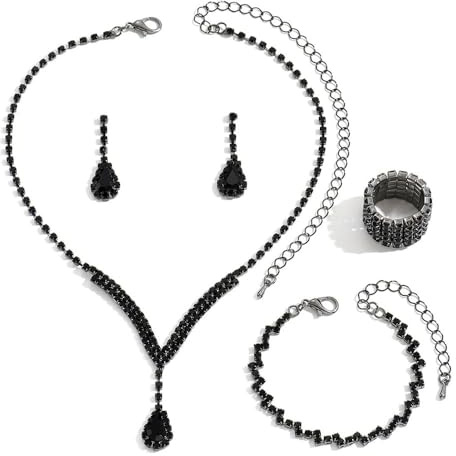 FDEETY Parure Bijoux Goutte Cristal Collier Boucles D'oreilles Bracelet Bague Extensible Strass Brillants Ensemble Accessoires Femme