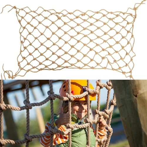 Jute Hemp Rope Net(4ftx12ft), Heavy Duty Natural Climbing Safety Rope Netting Balcony Stairs Fence Garden Playground Protection Net Indoor & Outdoor Decor Rope Net