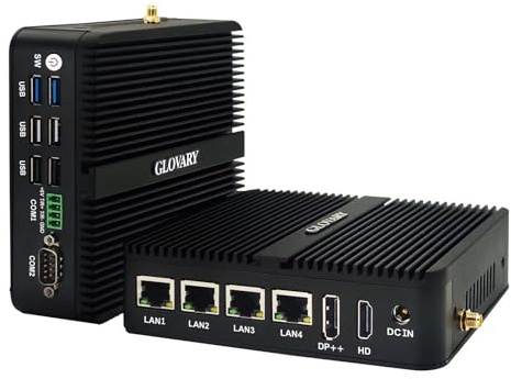 Glovary FL4 Industriell miniPC, 12:e generationens brandvägg PC N100 Win11 Pro, 4 x 2,5 GbE LAN OPNsense Linux fläktlös dator, Barebone NO SSD, 4Pin RS485 COM, RS232 COM, WiFi, BT