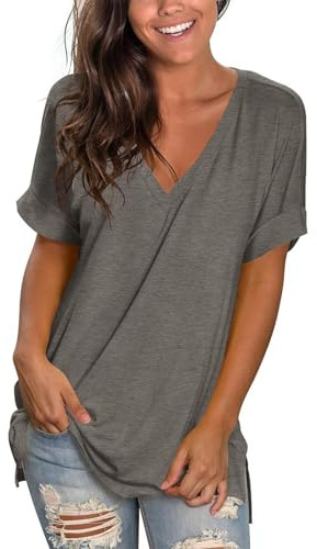 2025 T Shirt Long Femme Grandes Tailles Classique Coupe Ample,T-Shirt Femme À Manches Courtes Col en v Tops D'Été,Tee Shirts De Sport Femmes Casual Tops Tunique Elégante Couleur Solide Été
