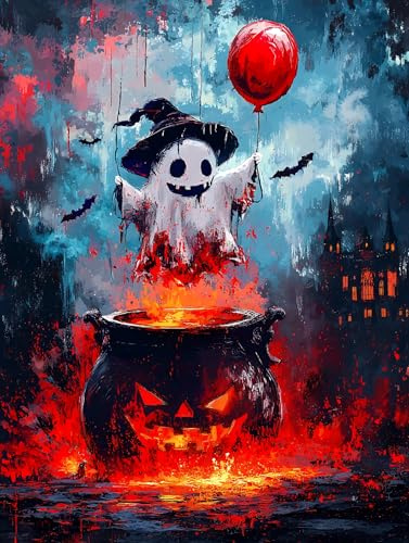 Ohhvvow Diamond Painting Kit - Ghost on Pumpkin Head, Halloween Spooky Art, 5D DIY Diamond Art with Full Drill Round Diamonds and Tools, Holiday DIY Craft Gift for Women Men