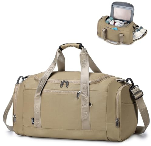 SPAHER Bolsa Deporte Gimnasio Mujer Hombre con Compartimento para Zapatos y Humeda Bolsa de Viaje Gym Grande Impermeable 32L con Bolsillos Aislantes Gym Duffle Bag, Caqui