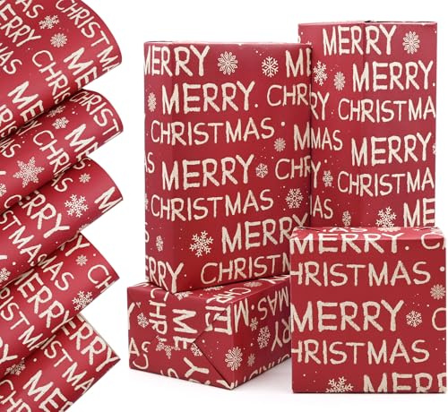 QRTDXP 5pcs Red Merry Christmas Wrapping Paper Sheets, 50 * 70cm Recyclable Kraft Wrapping Paper for Xmas Gift Wrap and Christmas Party Decoration