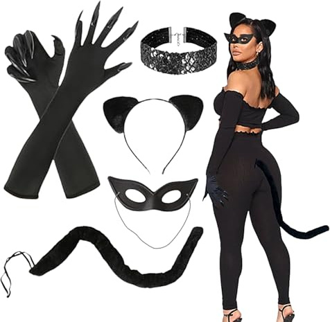 Mujeres de vestuario de gatos - Bodysuit de ajuste negro, tela estacionada y cómoda, linda diadema de orejas para gatos | Sexy Halloween Outfit for Women, Juguetful Cosplay Dress Traje para fiestas, a