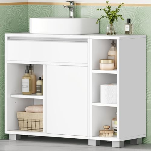 HEXCELEN Waschbeckenunterschrank, Badezimmerschrank, 1 Schublade und 2 Schranktüren Badezimmer-Unterschrank mit Füßen, Verstellbarem Regal, Weiß 30 x 80 x 63 cm