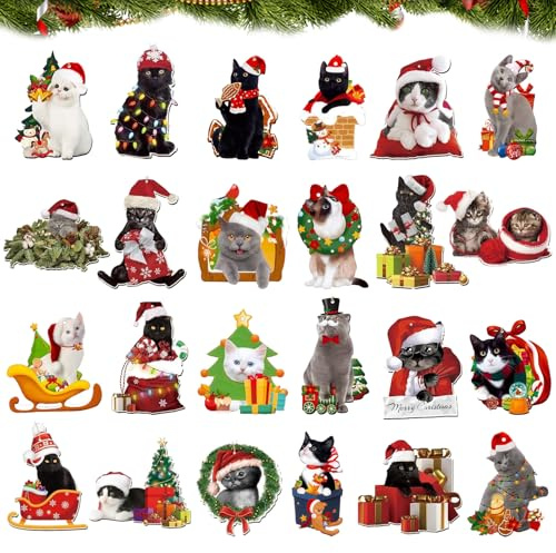 FOSDICK 24 Pezzi Gatto Decorazioni Natalizie Legno, Carino Decorazioni Albero di Natale Legno, Addobbi Albero di Natale legno con Spago, Gatto Addobbi Natalizi per Albero, Addobbo Natalizio Appendere