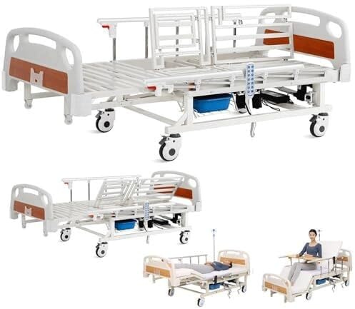 Elektrisk medicinsk säng med automatisk sidolutning, anti-sängsår, fjärrkontroll, säkerhetsskenor, madrass, sängkant, IV-stång, låshjul, hög kapacitet