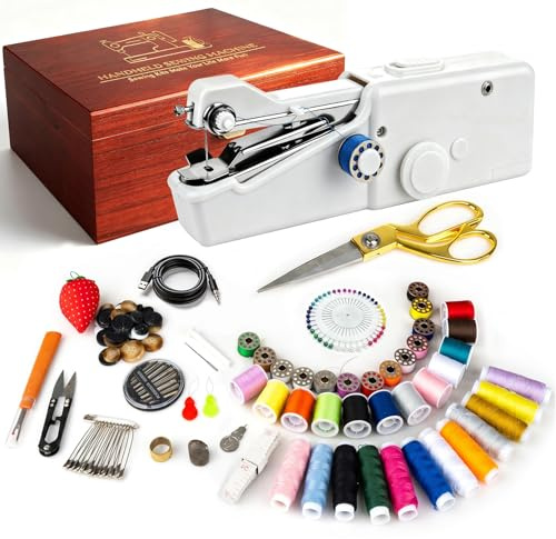 FONCOOD Sewing Kit for Adults & Beginners,Hand Sewing Machine with 36 Thread Spools and High-Quality Sewing Accessories,Wooden Box, Ideal for Clothing Repair, DIY Crafts and On-the-Go Sewing