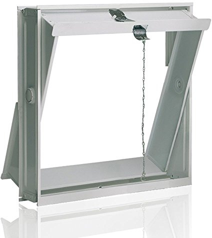 Aile d'aération blanc tôle d'acier (517x535x90 mm) pour 4 briques de verre (24x24x8 cm) - avec dispositif de traction