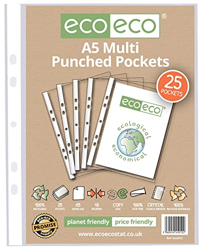 eco-eco A5 100% Reciclada Bolsa 25 Bolsillos Perforados Múltiples