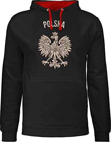 Pullover Herren Frauen Hoodie Kontrast zweifarbig - Fußball EM WM - Polska Polnisches Adlerwappen Polen - XS - Schwarz/Rot - soccer hoodies europameisterschaft poland pulli 2024 fussball polski
