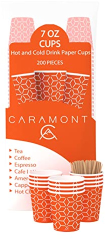 Caramont,7 Oz 200 Gobelets en Carton avec Agitateurs en Bois,Écologique et Jetables,Résistant à la Chaleur,pour la Boisson Froide et Chaude en Carton de Qualité,Ideal pour Café,Thé,Anniversaire,etc.