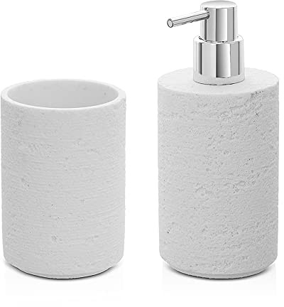 Inbagno Set Accessori Bagno 2 Pezzi Effetto Pietra Bianco, Dispenser e portaspazzolini, in Resina (Set 2)