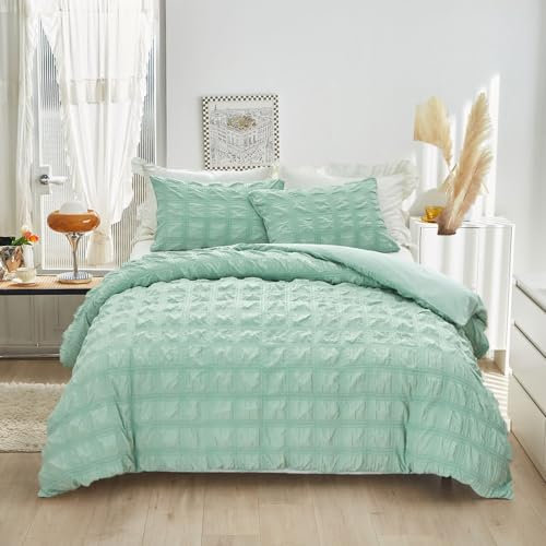 YASMENG Seersucker Bed Linen 135 x 200 cm 4-Piece Green Checked Duvet Cover Set Microfibre Bed Linen Summer Soft Fluffy Breathable Duvet Cover with Zip and 2 Pillowcases 80 x 80 cm