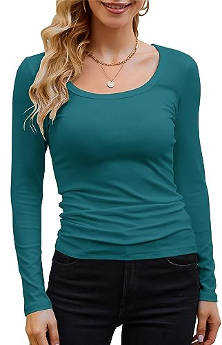 GEMBERA Womens Long Sleeve Scoop Neck Ribbed Knit Tops Casual Slim Fitted Basic Shirts, Teal, L