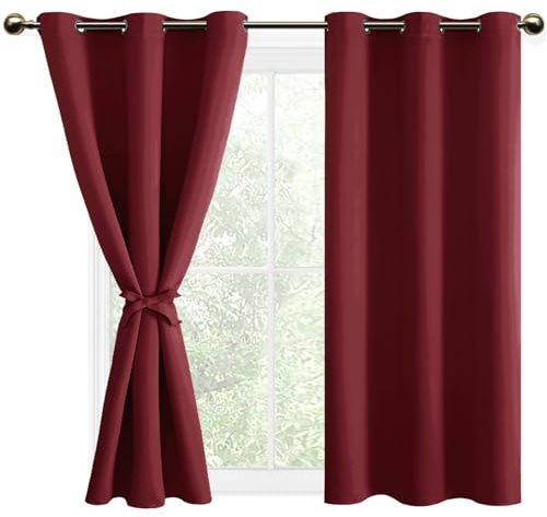 DWCN Blackout Curtains with Tiebacks for Bedroom Thermal Insulated Solid Eyelet Curtains for Living Room,2 Panels,46 Wide x 54 Drop Burgundy