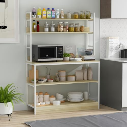 Caldion Estantería de Cocina de 5 Niveles de pie con Hutch, Soporte para Horno Microondas, Encimera de Cocina, Organizador de Almacenamiento para Especias, Ollas, Sartenes y Horno, Madera y Blanco