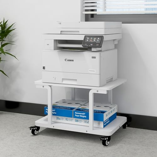 PUNCIA 2-Tier Laser Printer Stand with Storage Shelf Movable Copier Stand | 60x50x38cm Large Printer Table Under Desk Heavy Duty Rolling Cart Printer Holder on Wheels for Home Office (White)