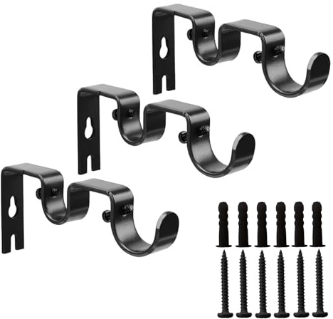 Shonmogar Double Curtain Rod Bracket,3 Pack Metal Curtain Rod Holders for Wall,Sturdy Curtain Rod Brackets for 1 Inch Curtain Rod,Black Wall Mounted Curtain Rod Hooks for Bedroom Living Room Patio