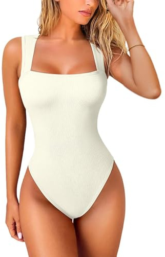 EMOTTOS Body donna sexy con scollo quadrato, Canottiera a coste casual senza maniche, slim fit, Morbido Crop Top Body a collo quadrato, Tuta sexy a righe per le donne,Black/Beige,S/M/L/XL