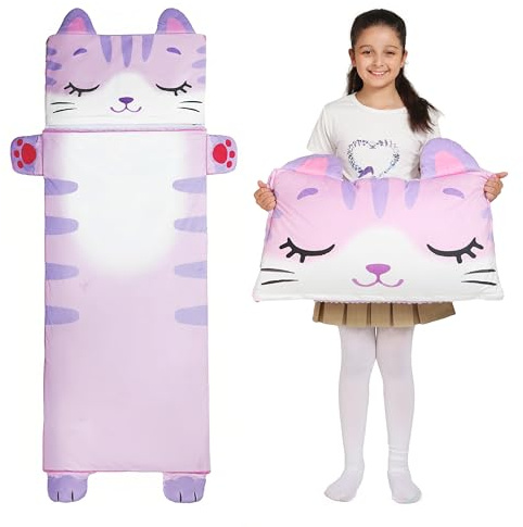 Wbesty Matelas de Sieste pour Enfants, 152 x 71 cm, pour Enfants de 3 à 8 Ans, avec de Jolis Motifs de Chat, Pliable et Portable, pour garçons et Filles, crèche