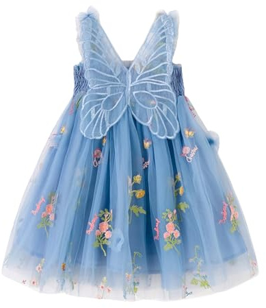 Miipat Baby flicka tyll fjäril ungdom flicka ärmlös broderad blomma prinsessa klänning bröllopsfest födelsedagsklänningar för flickor, Blå dimma, 5-6 ans