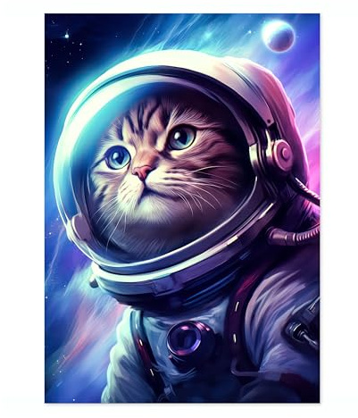Space Cat Space Poster, Colourful Abstract Astronomy Wall Art Home Decor, Astronaut Planets Print, Archival Matte, A2 (Print Only) - 59.4x42cm