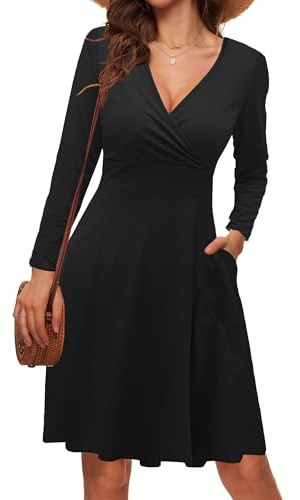 LIAMERHE Mini Robe Femme Manches Longues Col V Chic et Elegant Robes Automne et Hive A-Line Casual Robe Imprimée avec Poches pour Fête Noël Mariage Noir M