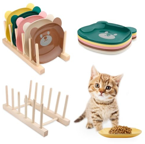 TAIHOBO 10PCS Cat Bowls, Reusable Cat Food Bowl with Wooden Plate Rack, Shallow Kitten Bowls in Plastic, Anti Whisker Fatigue Kitten Food Bowls for Feeding Cat ＆ Small Animals, Gift for Christmas