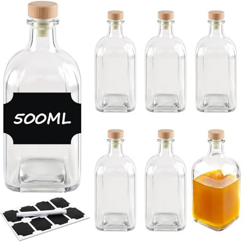 BLIENKREBY 6 Bouteille en Verre avec Bouchon 500ml, Bouteille Vide avec Bouchon en Liège, 8 Étiquettes et Stylo, Fiole en Verre pour Liqueur, Gin, Huile, Vinaigre