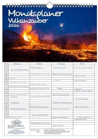 Vulkanzauber Planner per famiglie a 4 colonne, formato DIN A3, per 2026, Vulcano, set: 1 calendario, 1 ciondolo natalizio (totale 2 pezzi)