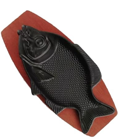 FUNNETOYU Plato De Servicio De Hierro Para Pescado Con Soporte De Madera Bandeja Resistente Para Aperitivos y Snacks Forma De Pez Para Banquetes y Celebraciones