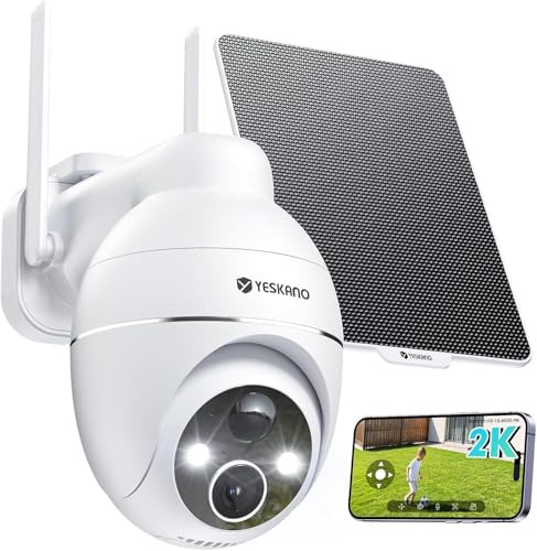 YESKANO 2K trådlös utomhus-wifi-övervakningskamera, 360° solpanel PTZ trådlös utomhuskamera solcellsbatteri 2,4 GHz, nattsyn, PIR-detektering (ljusvit)