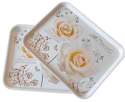 Large Serving Platter Melamine Trays 2 Pack Stackable Food Tray with Floral Print for Gift, Party, Decor, Home, Restaurant (Gold Rose, Medium)