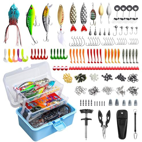 PVNOOCY Set di 315 esche da pesca, set con pinza e rimozione ganci, organizzatore compatto a 3 livelli, valigetta da pesca con accessori, regalo per uomini, principianti, adulti e bambini