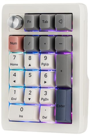 EPOMAKER EK21 VIA Gasket Tastierino Numerico con Batteria da 1000mAh, BT 5.0/2.4ghz/Wired Hot-Swap Numpad with Aluminum Alloy knob, Programmable for Win/Mac/Gaming (Bianco, Wisteria Linear Switch)