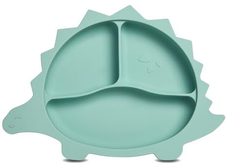 wencolino Kinderteller rutschfest mit Saugnapf Esslernteller „Dino“ aus lebensmittelechtem Silikon Teller für Kinder Teller Baby – B 26,5cm x L 18,8cm x H 3,2cm – BLW baby led weaning Zubehör mintgrün