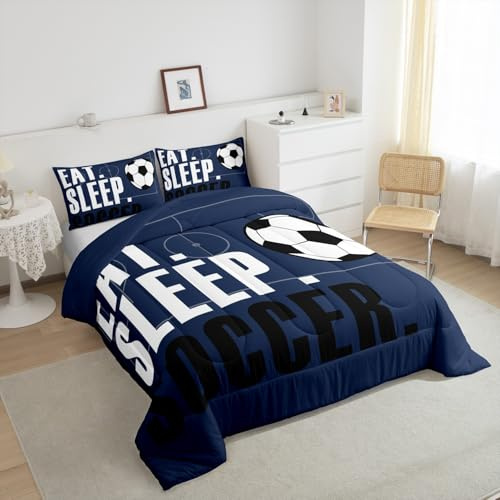 Loussiesd Juego de ropa de cama con diseño de pelota de fútbol, tamaño individual para niños, niñas, adolescentes, juego de pelota deportiva, regalo para amantes del fútbol con 1 funda de almohada